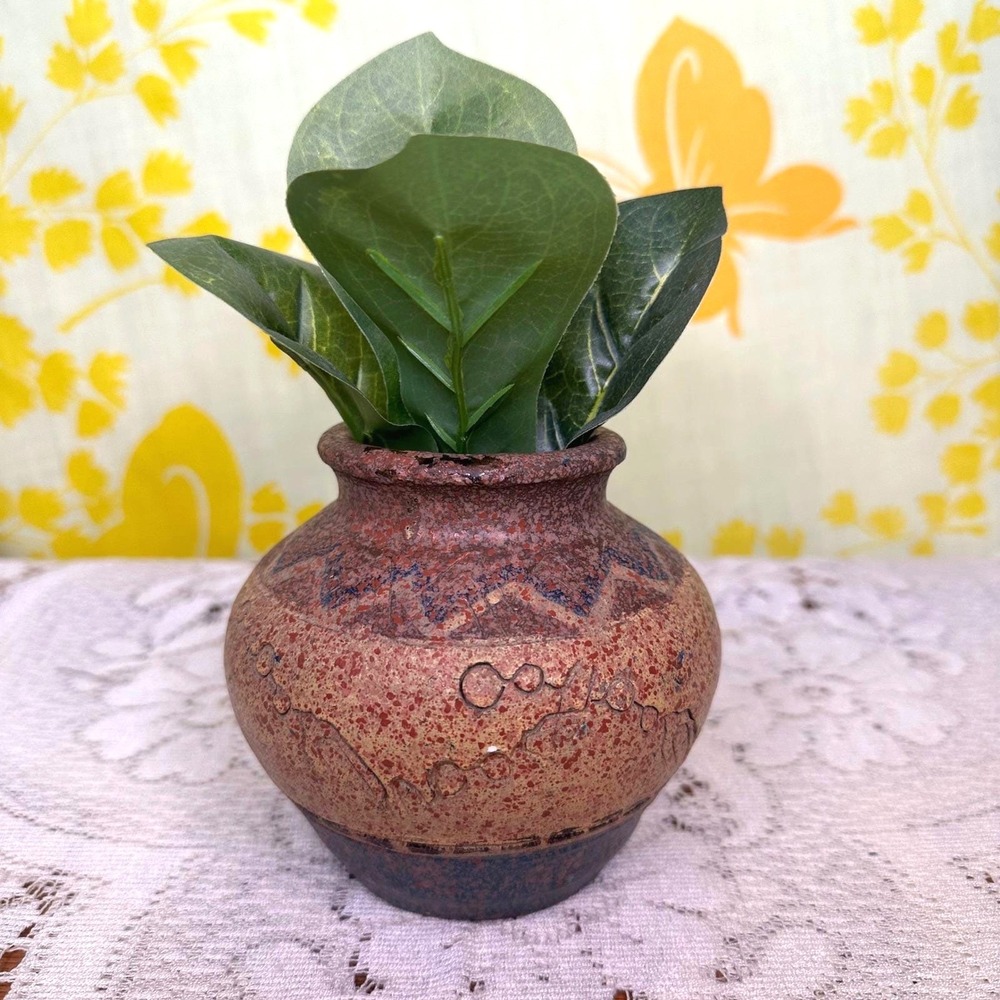 Vintage Studio Pottery Heavy Splatter Glaze Vase Incised Tribal Symbols 3.5"